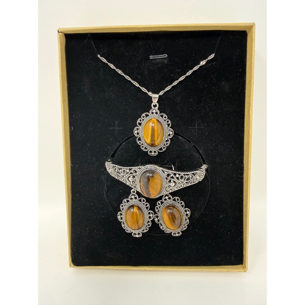 Canyon‎ Sky Tigers Eye Jewelry Set Necklace Bracelet Earrings Silver Tone